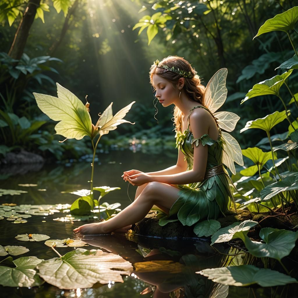 Contemplative Fairy by Pond: Hyperrealistic Macro Photograph...