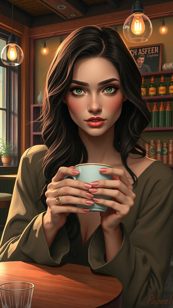 Woman in Cafe with Coffee Mug: Digital Art