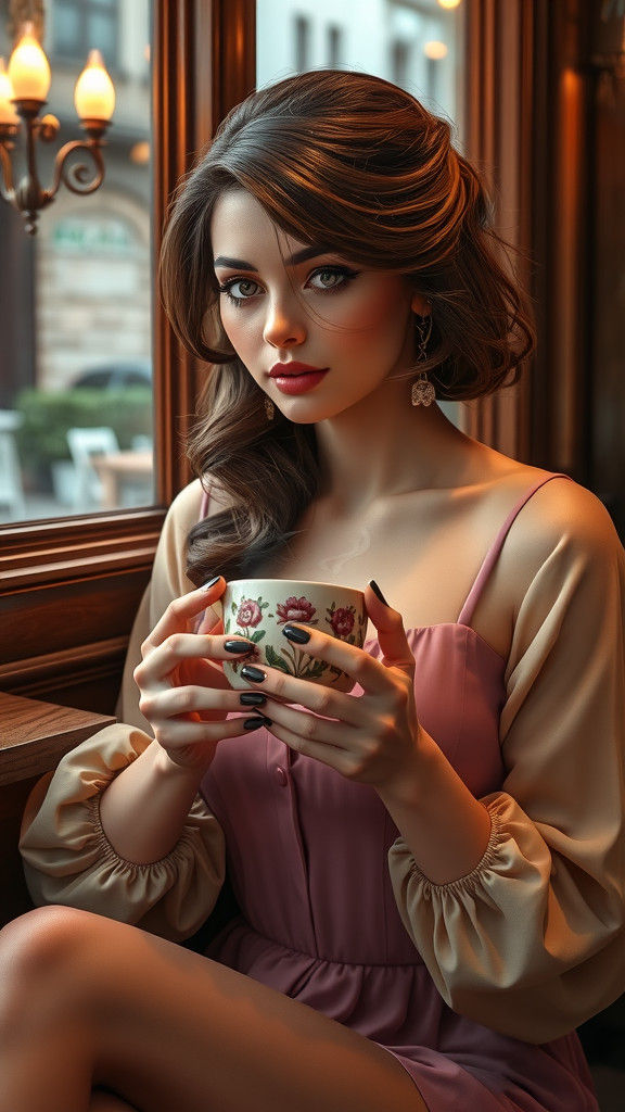 Cafe Portrait: Woman with Coffee in Digital Art Style