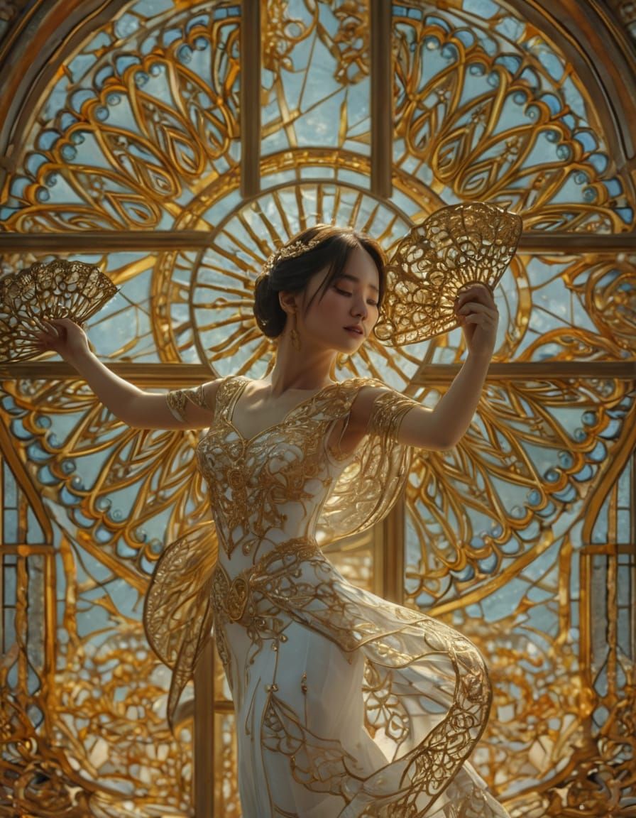 Asian Dancer in Stained Glass Glow