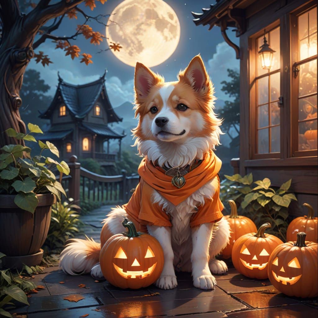 Cute Puppy Dressed as Pumpkin on Foggy Halloween Night