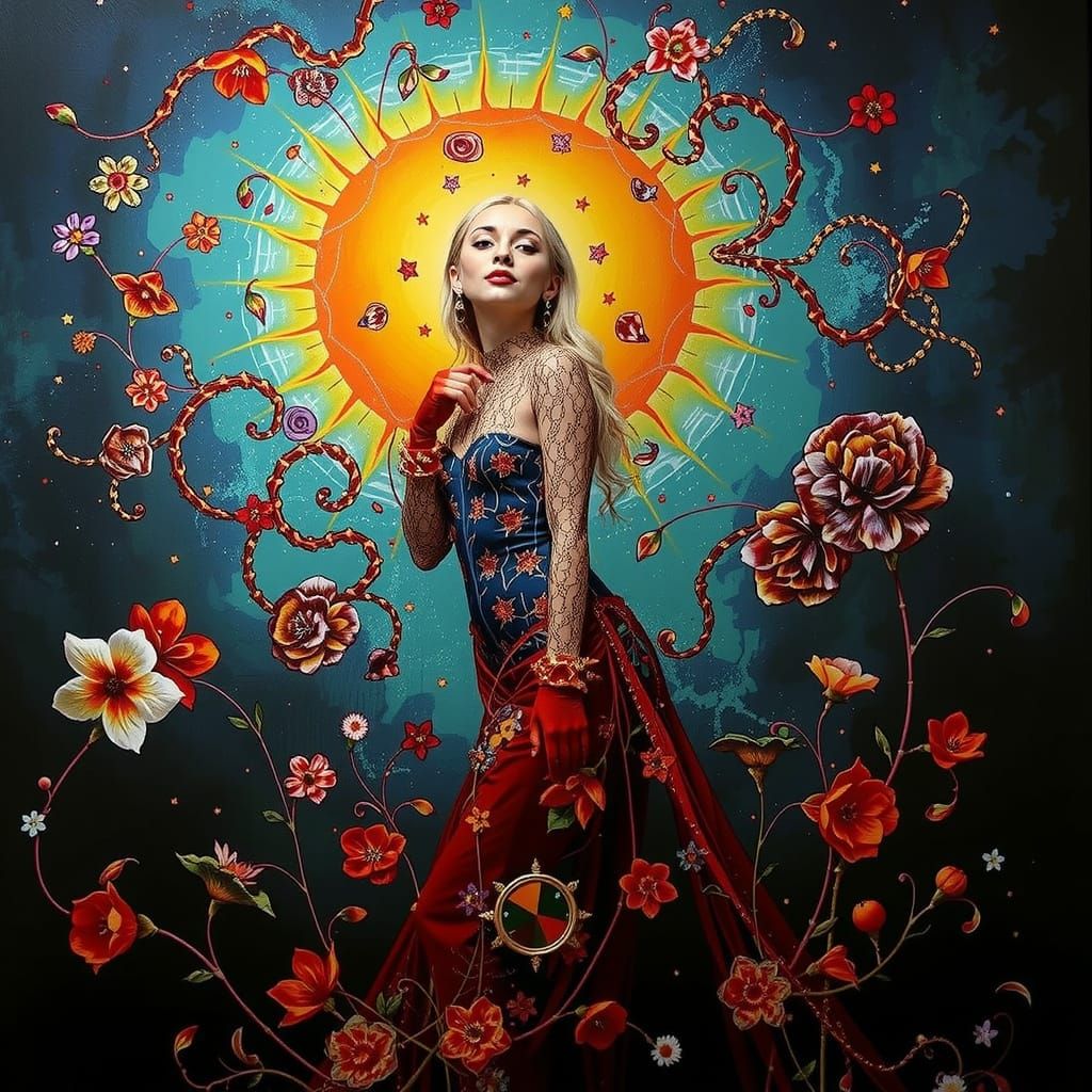 Psychedelic Garden in Bold Hues and Cosmic Mystery