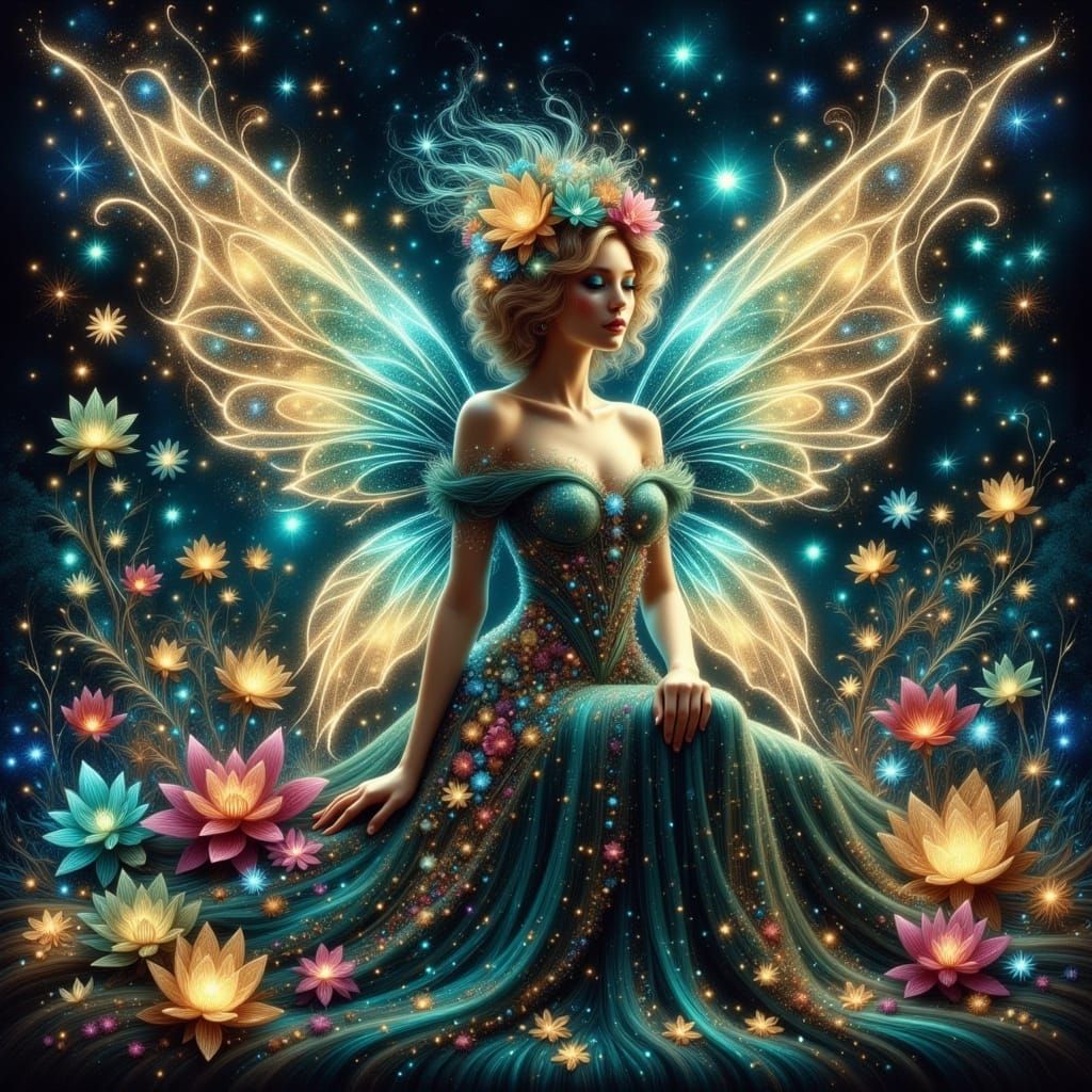 Mystical Glitter Fairy in Whimsical Enchanted Garden