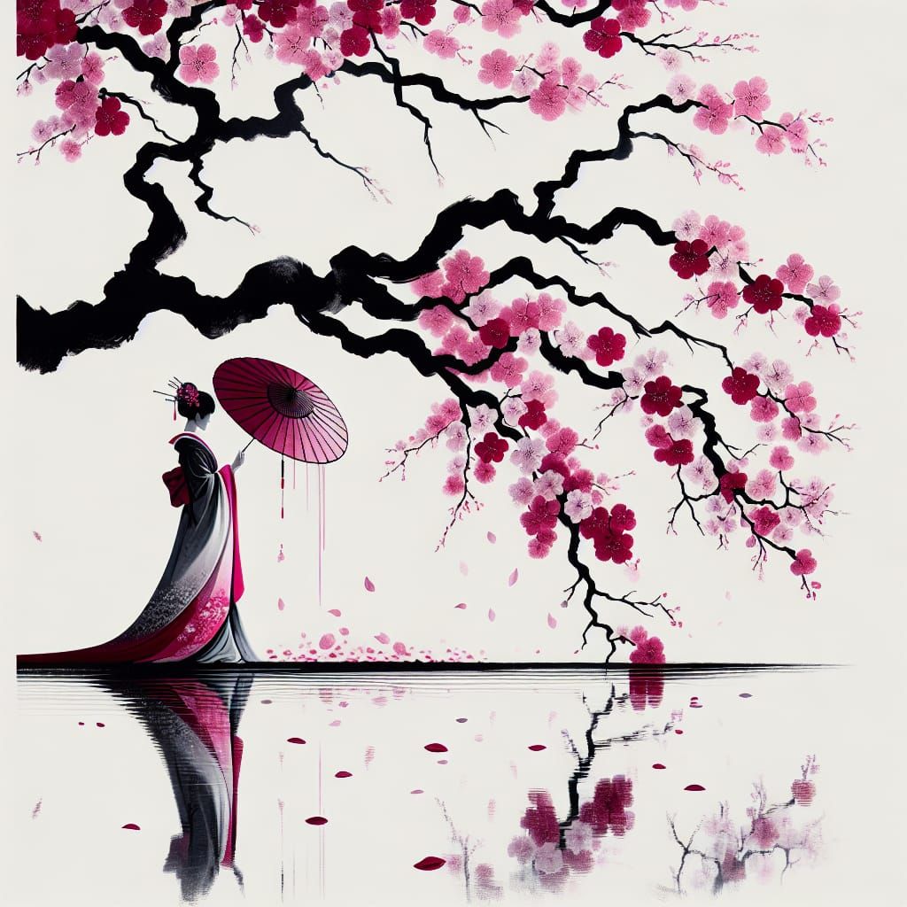 Sakura Tree and South Asian Woman in Sumi-e Style