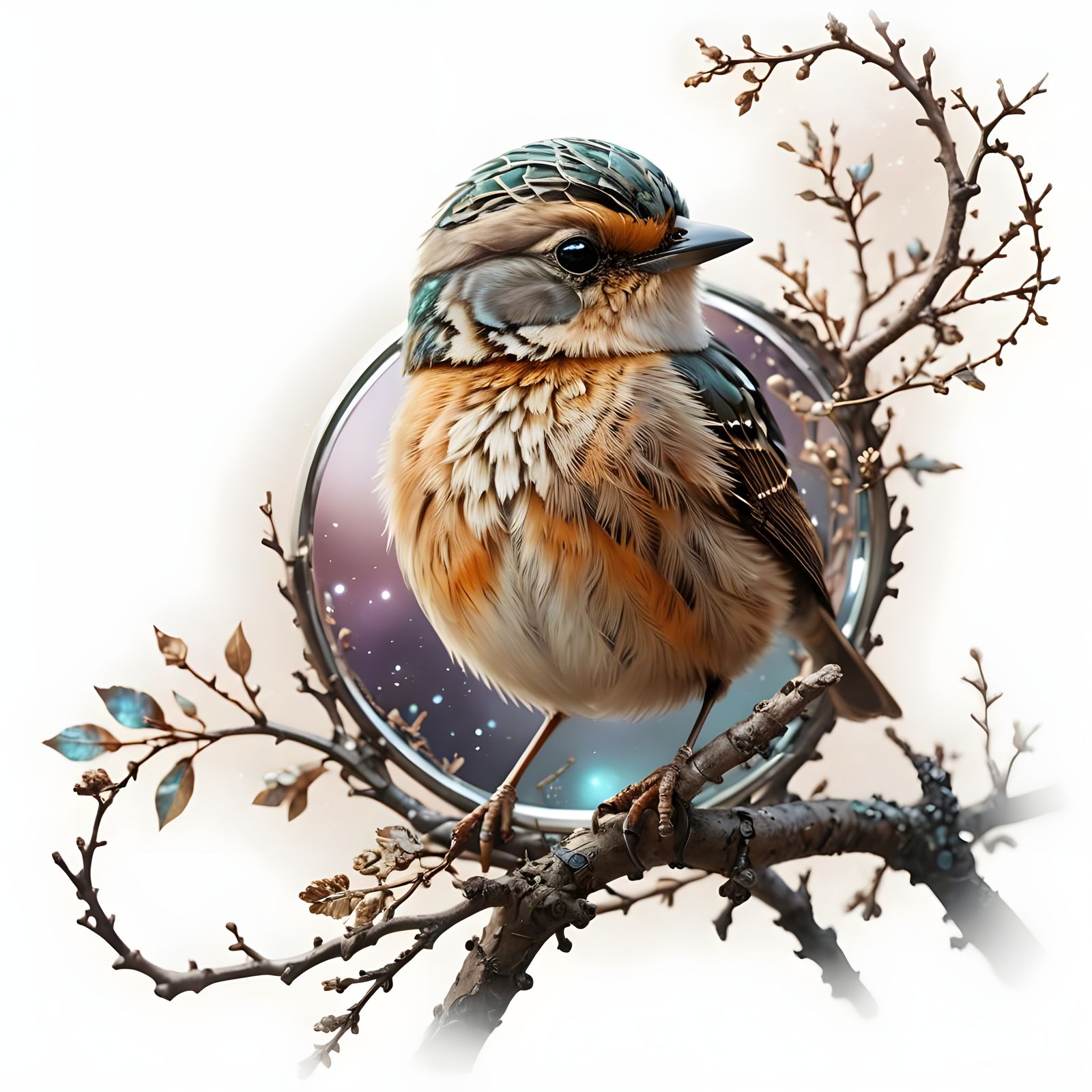 Cosmic Portal in Soft Focus, Futuristic Bird Perched on Bran...