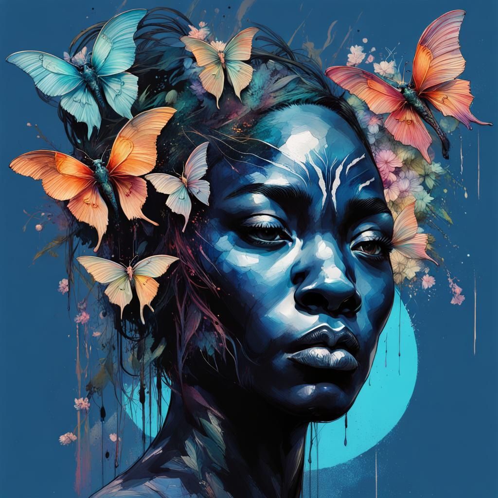 Black Panther with Galaxy Moths, Carne Griffiths Style