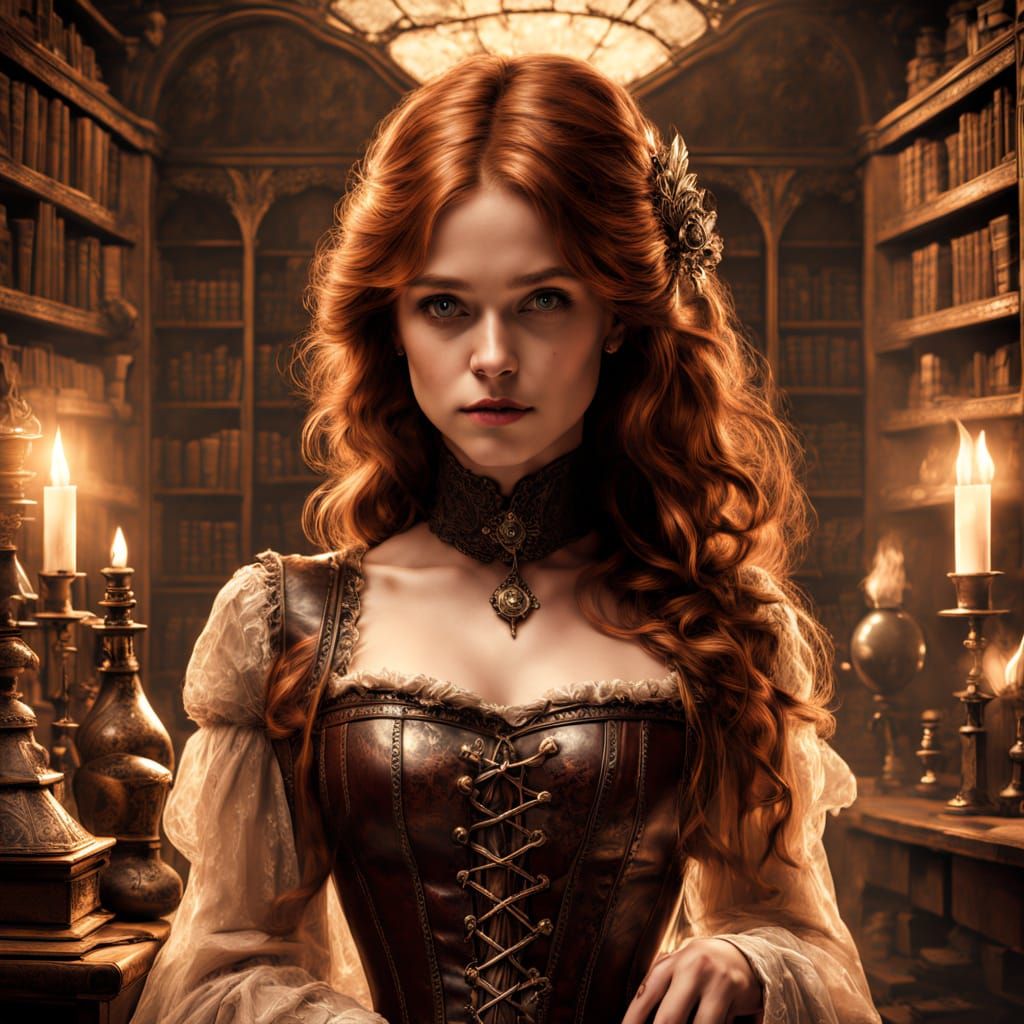 Ethereal Woman in Victorian Dress with Mystical Flask