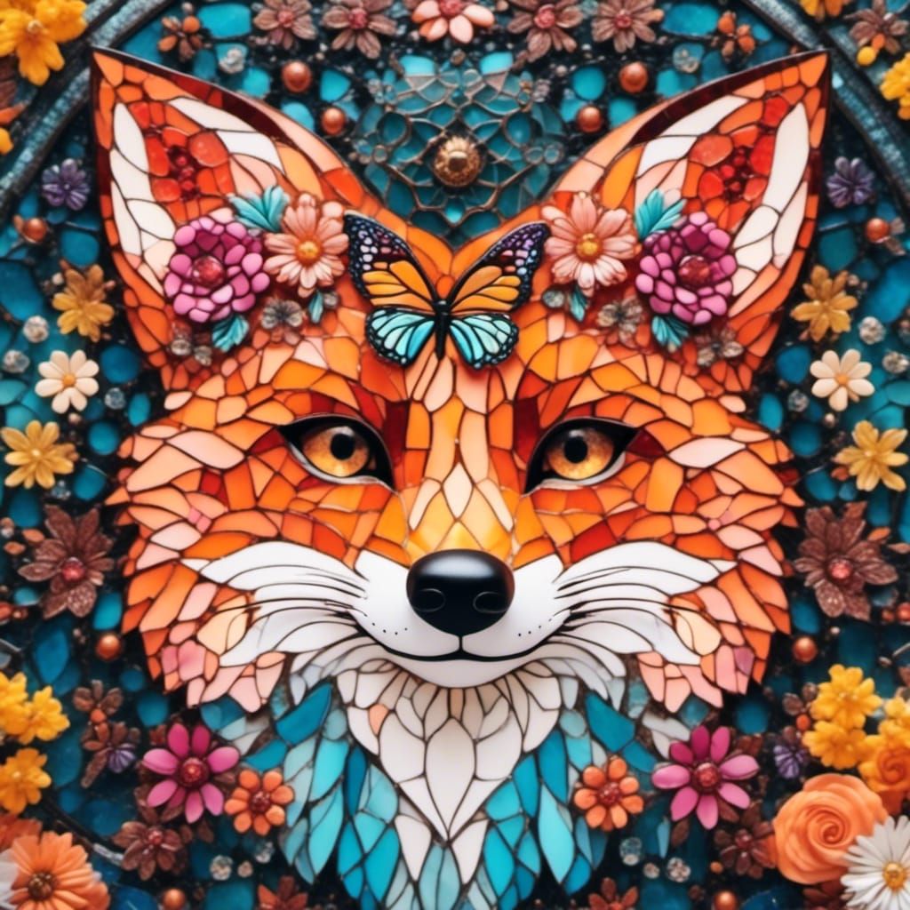 <lora:Night Sparkle:1.0> Stained glass, a cute mosaic fox with a butterfly on his head, mosaic pattern in the whole glas...