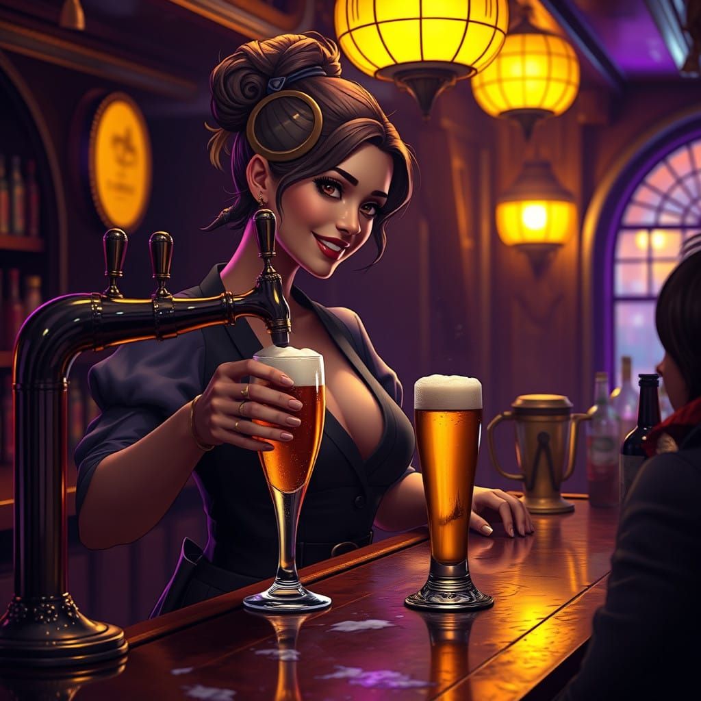 Cozy Tavern Scene with Female Bartender, Dark Fantasy Style