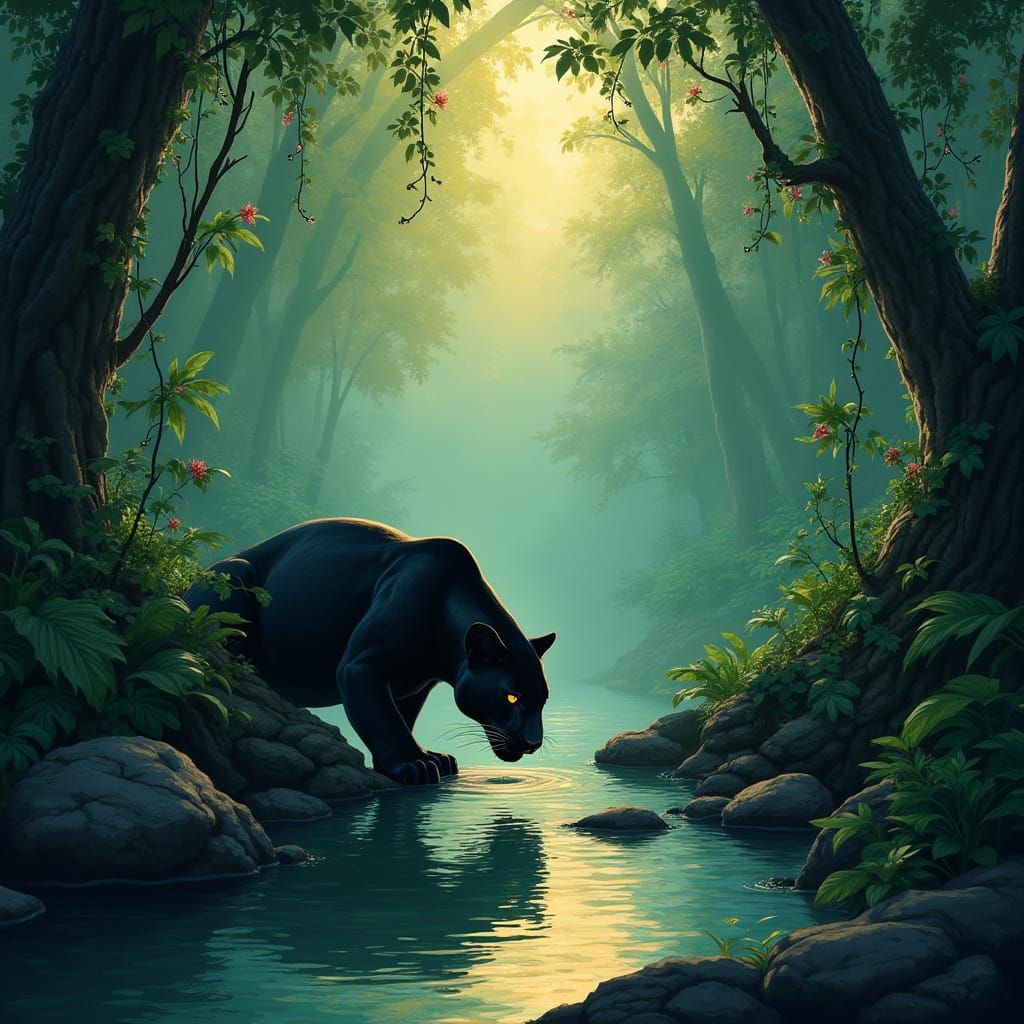 Panther in Rainforest at Dawn, with Vines and Stream