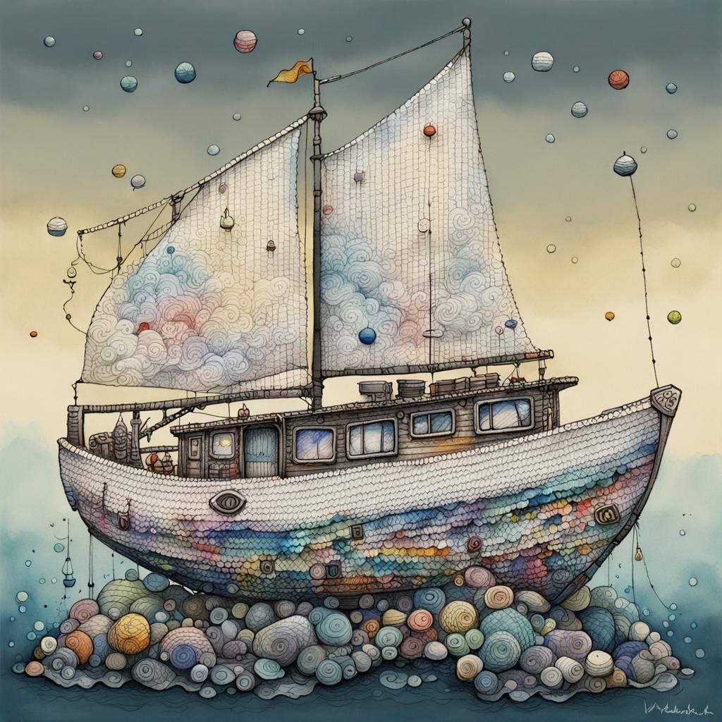Knitted Sailboat: Sci-Fi Art in Anime Style