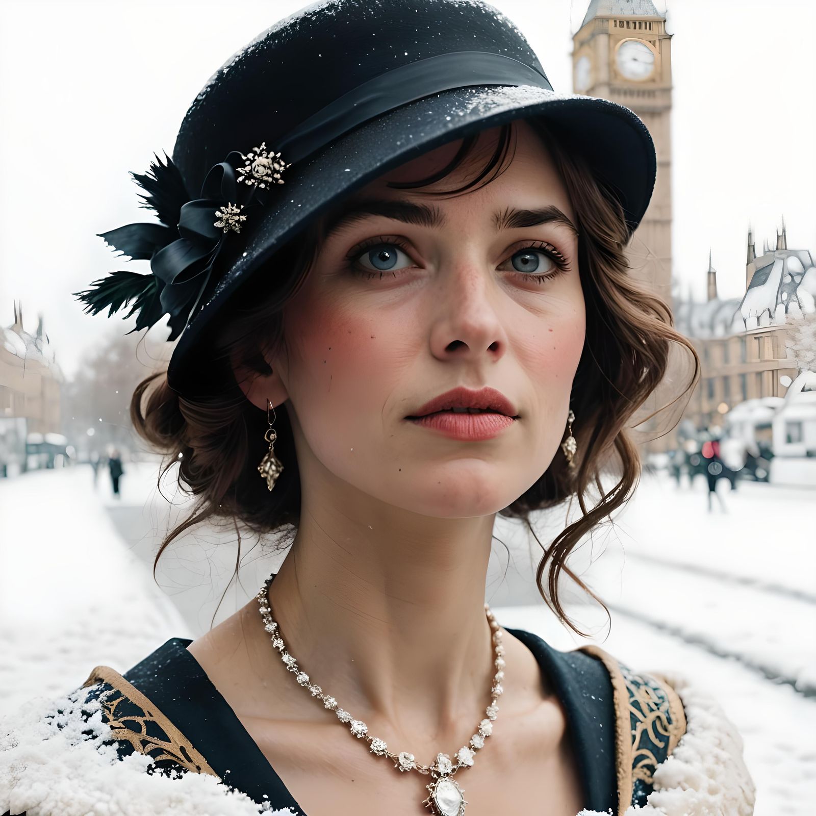 Victorian Woman Walks Snowy London Street