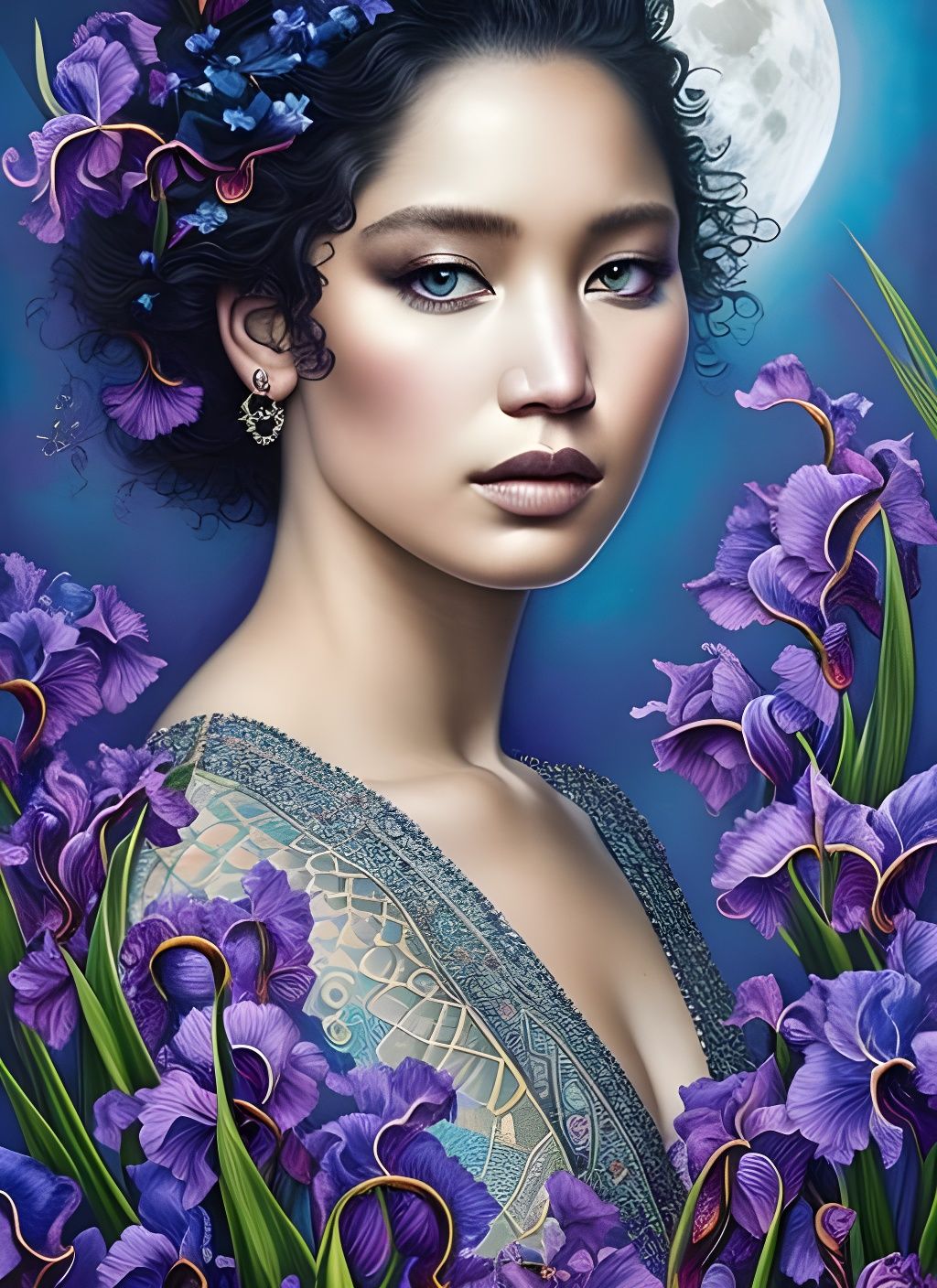 Goddess with Giant Irises in a Moonlit Night