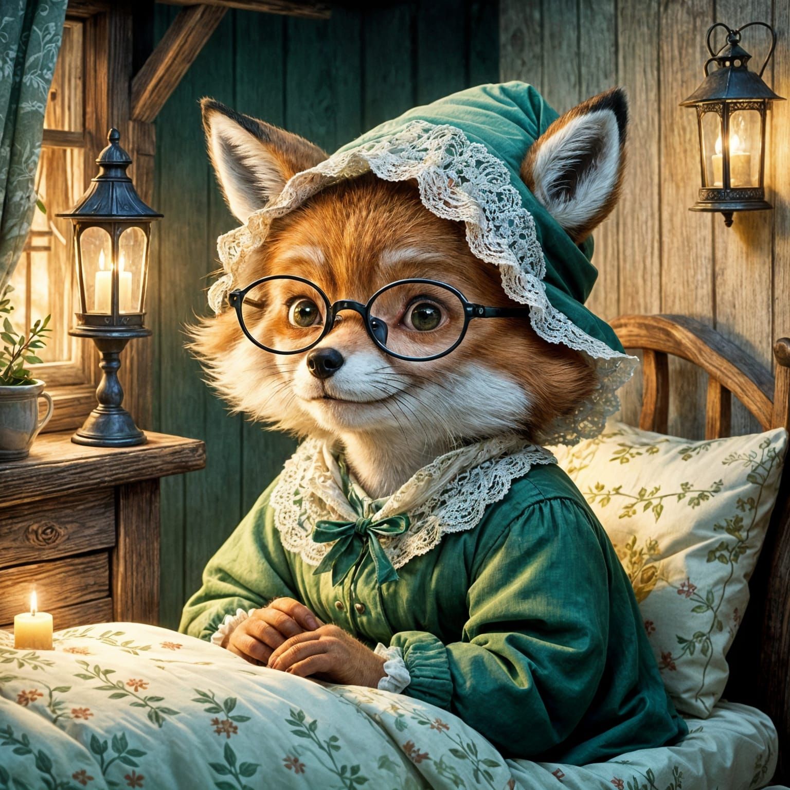 Fox Grandmother in Cozy Cottage Fairytale Illustration