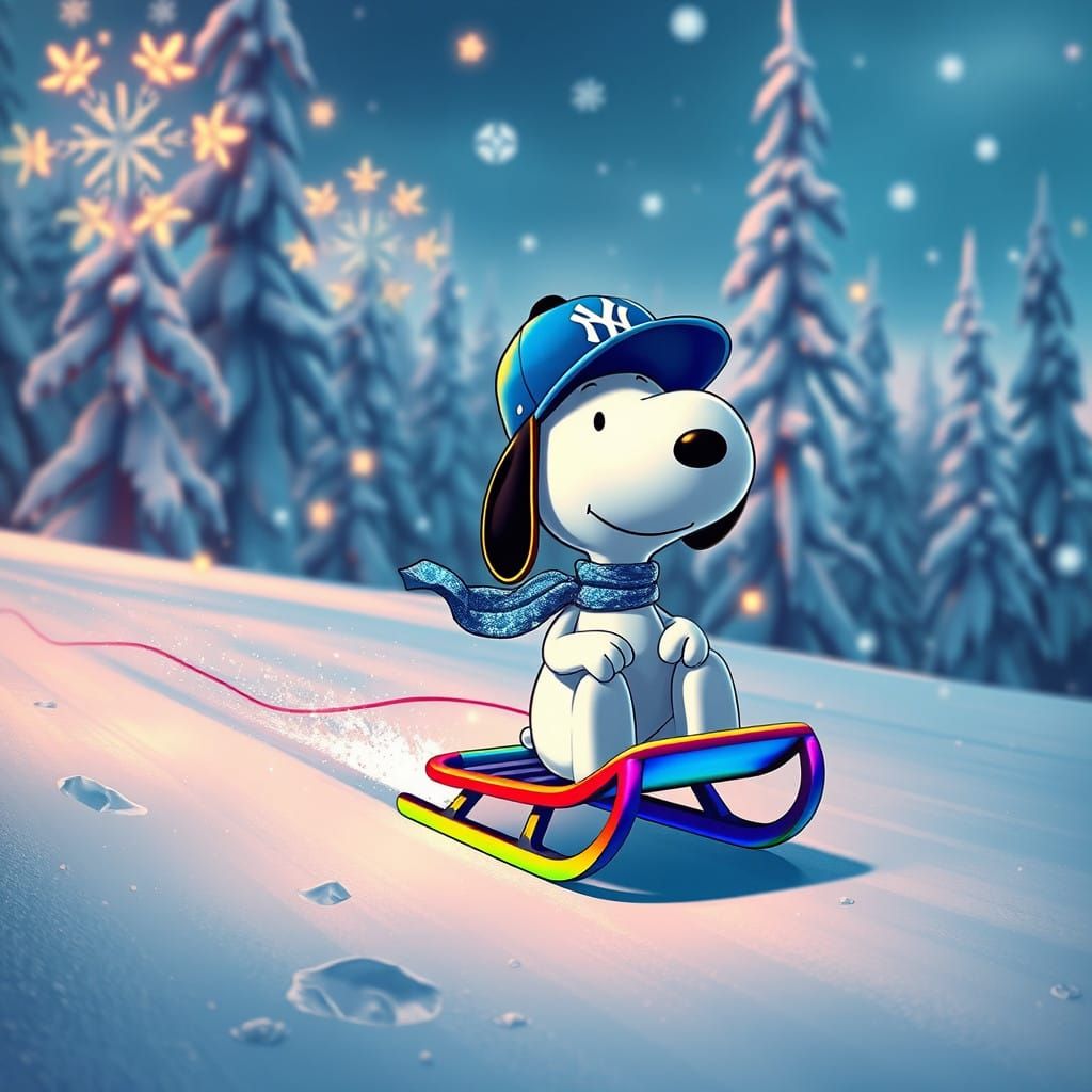 Snoopy Speeds Down Winter Wonderland in Yankees Hat