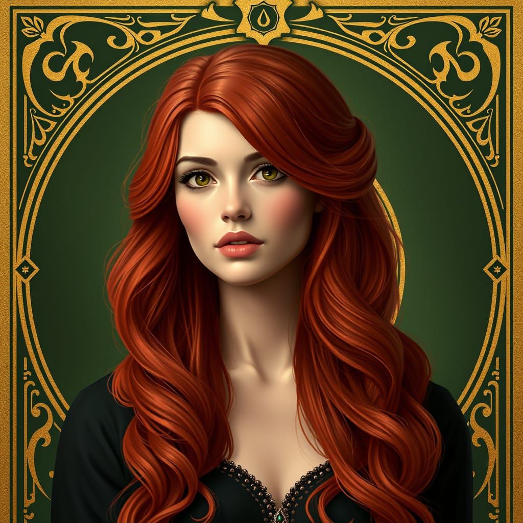 Woman with Red Hair and Queen of Wands Card
