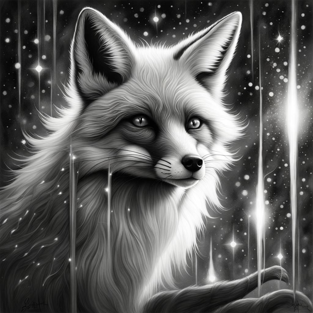Fantasy Fox in Black and White Pencil Drawing