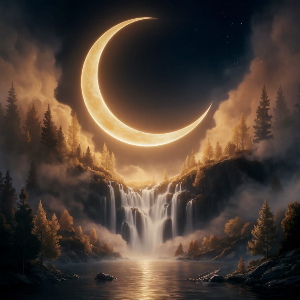 Ethereal Fantasy Moonlit Scene with Fiery Crescent