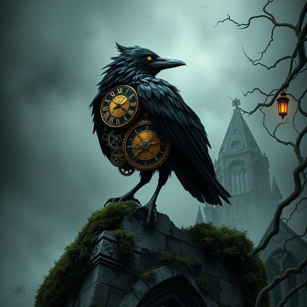 Gothic Clockwork Raven in Surreal Landscape