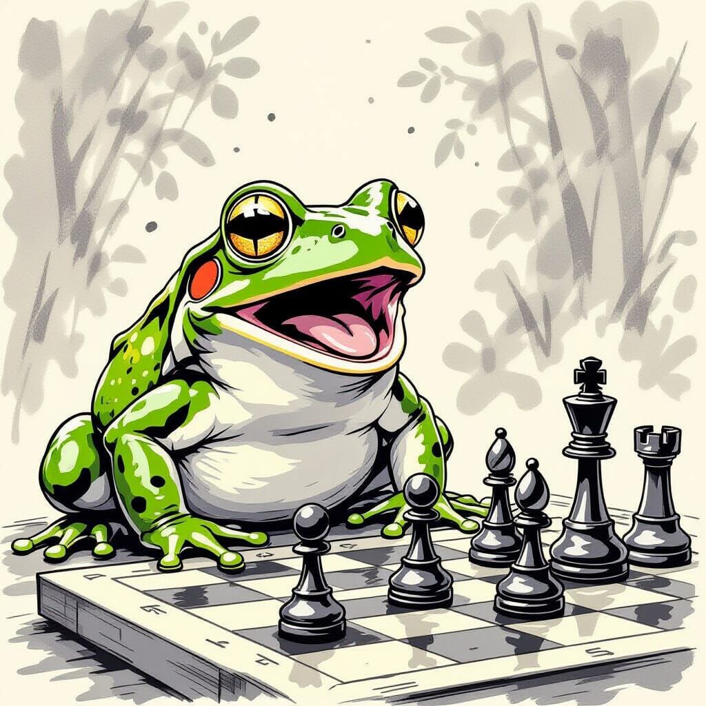 Frog's Astounded Reaction to Chess Move: Dry Ink Style