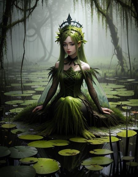 Mossy Swamp Fairy in Murky Landscape
