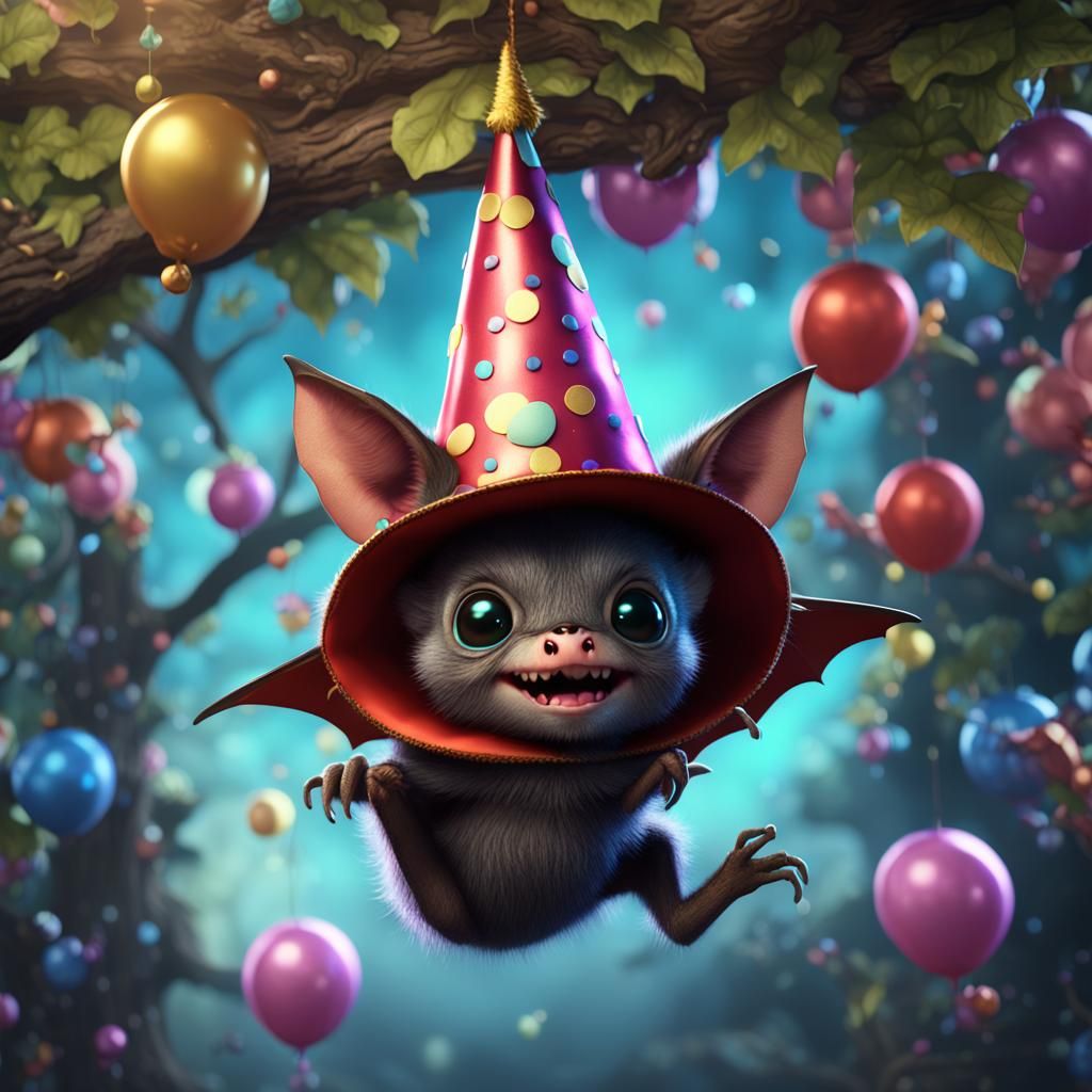 Baby Bat in Party Hat: Detailed Matte Painting