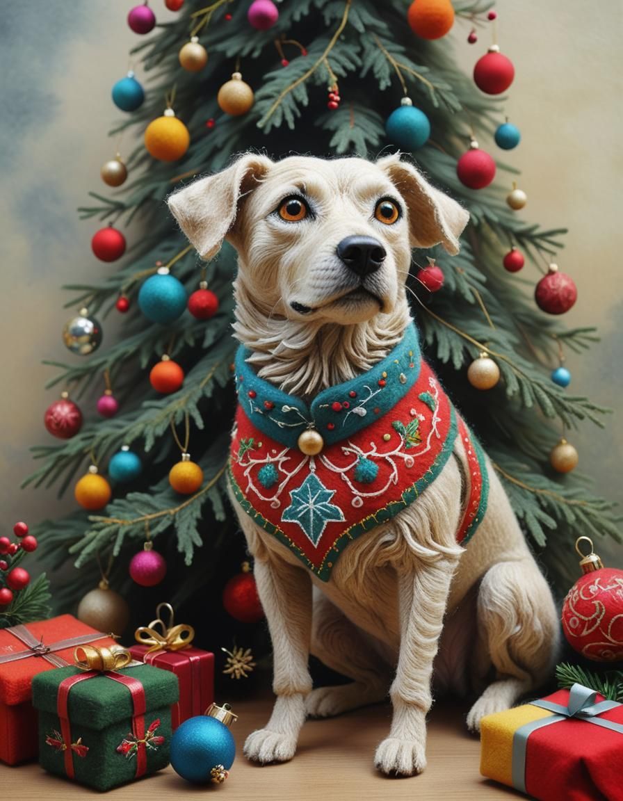 Dog in Christmas Sweater, Beksinski-Inspired Art