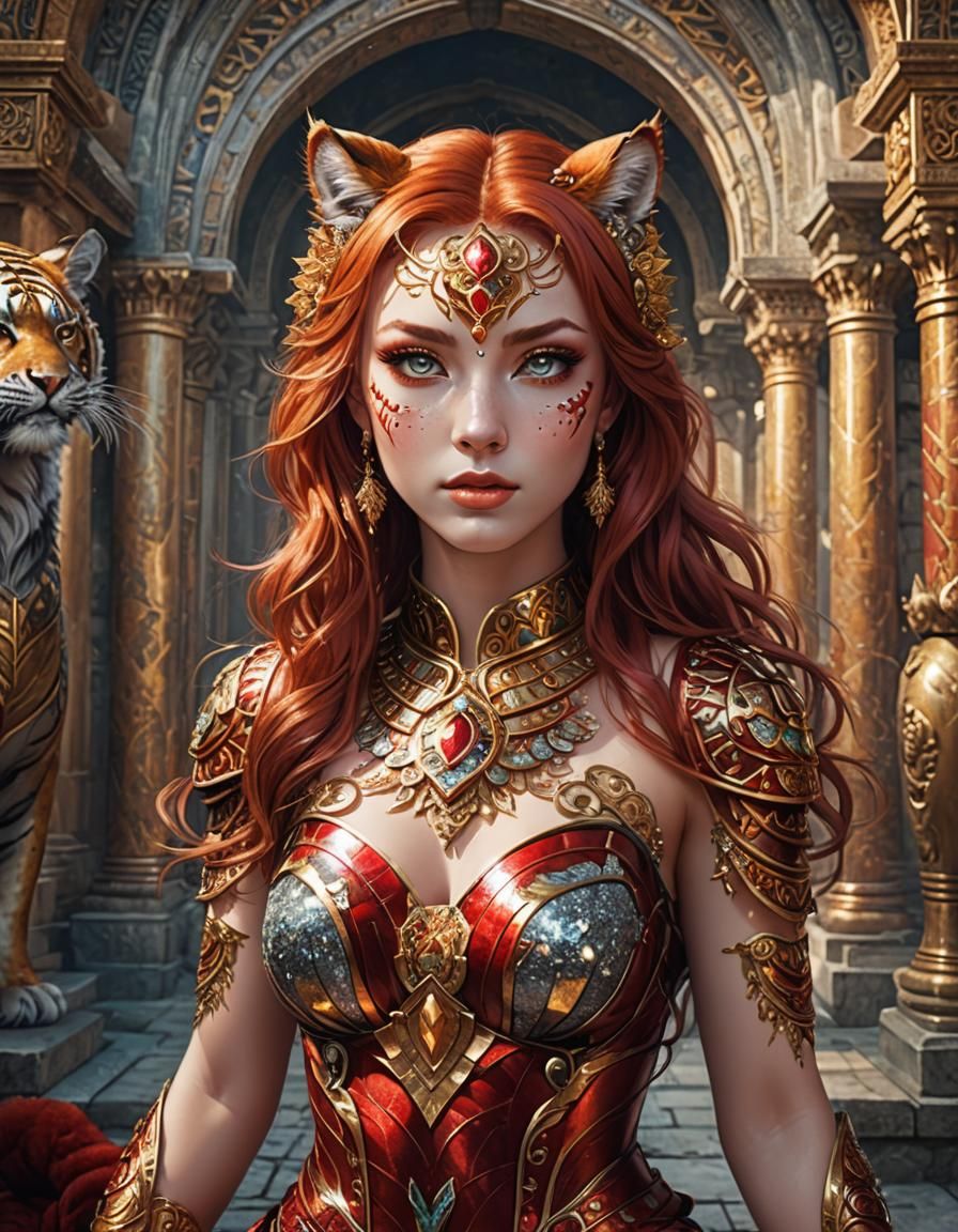 Red-Haired Tiger-Woman in Ancient Palace, Dreamcore Fairycor...