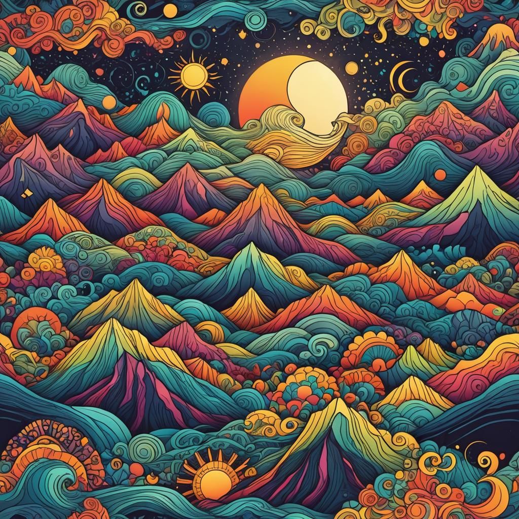 Fluorescent Abstract Fractal Landscape with Mountains