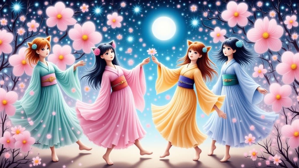 <lora:Psychopomp:1.0> <lora:Draw Like A Kid:1.0>  neko girls dancing under the moonlight