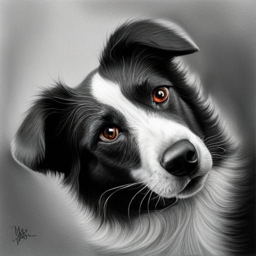 Hyperrealistic Border Collie Charcoal Drawing with Splash Ar...