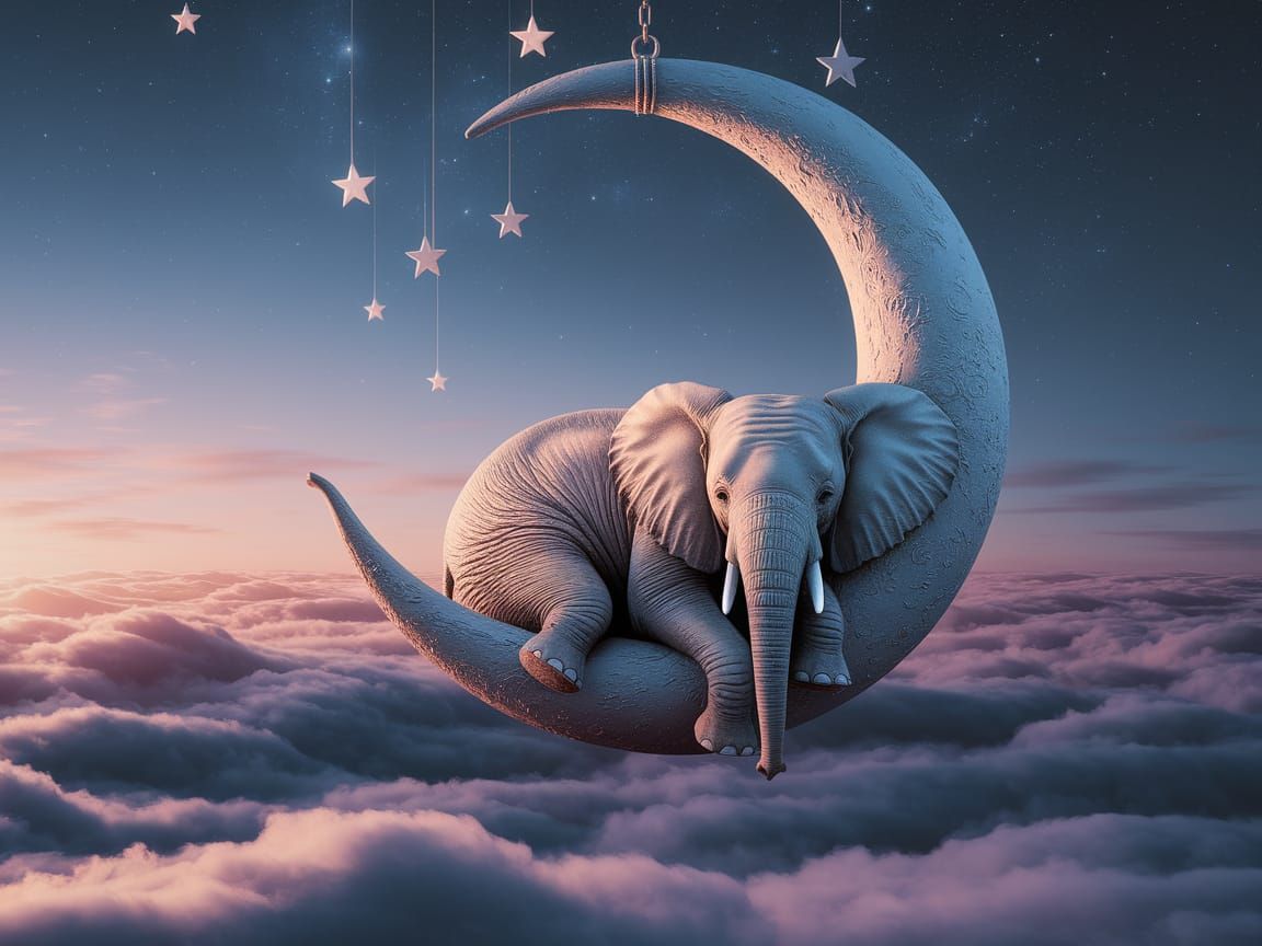 Serene Elephant Sleeps on Crescent Moon Among Stars