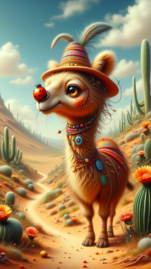 Whimsical Camel in Surreal Desert with Ladybug