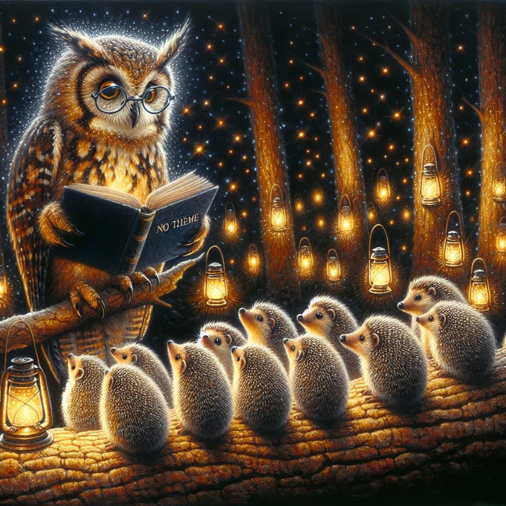 Elderly Owl Reads to Hedgehogs in Fairytale Woods