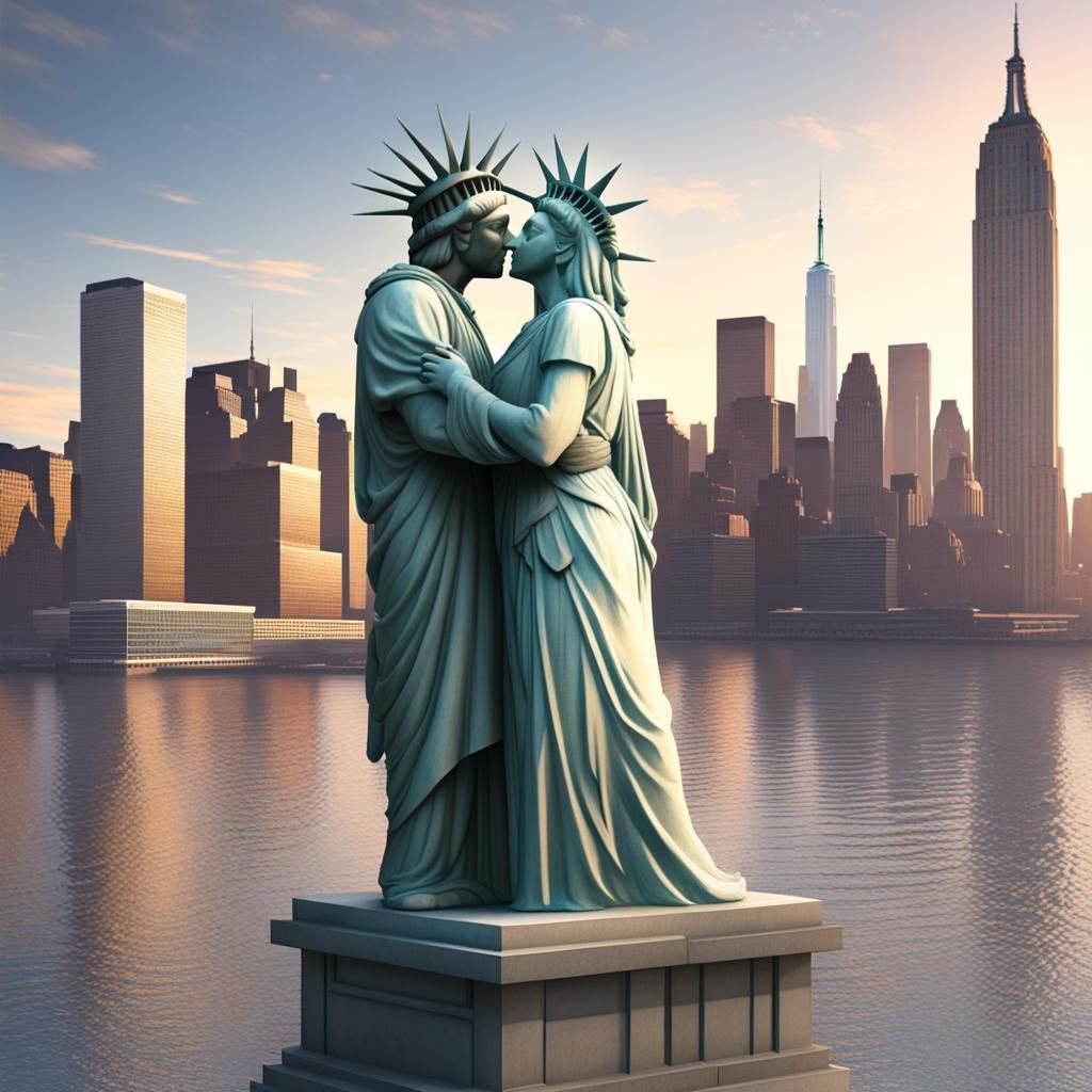 DALL E 3,  a male statue of liberty and female statue of liberty kissing, hugging, new york city, Empire State Building ...