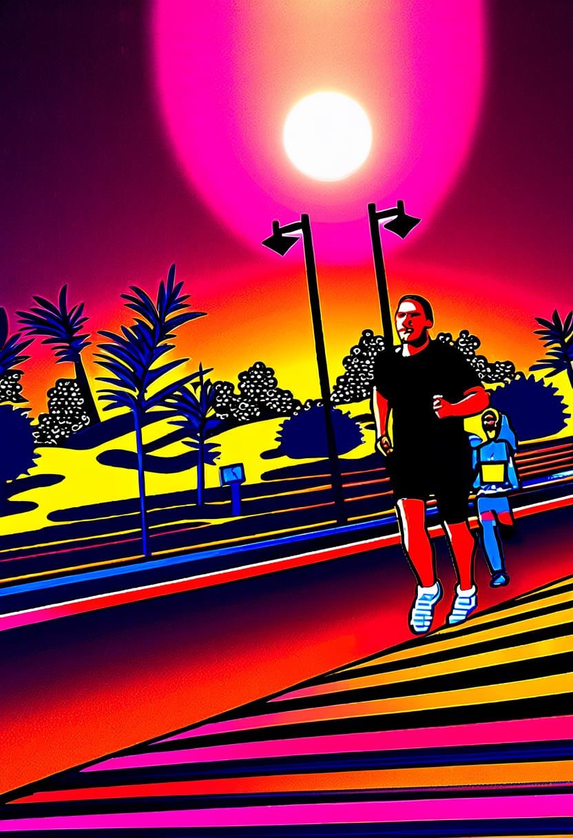 Energetic Marathon Runner in Industrial Sunset Landscape