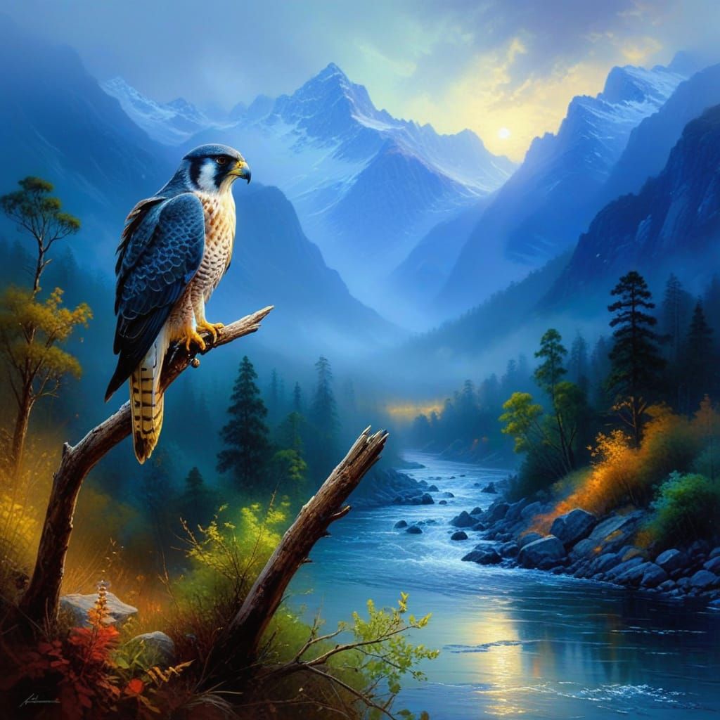 Vibrant Falcon Perched on Branch in Ethereal Australian Land...