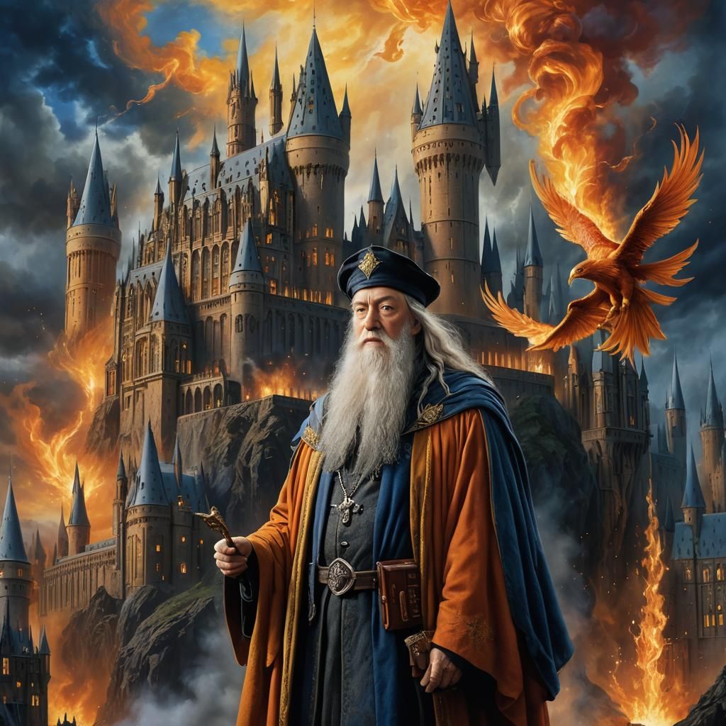 Dumbledore and Phoenix: Fiery Hogwarts Scene