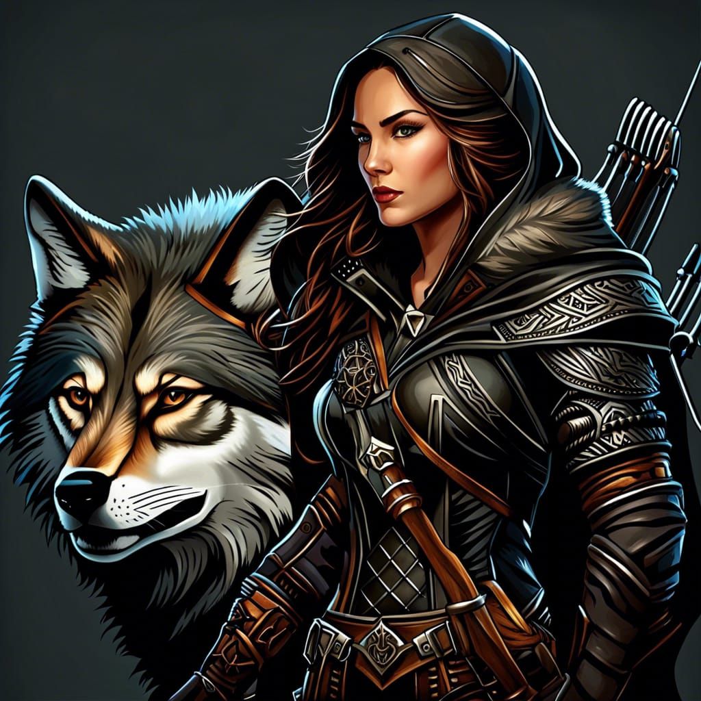 Female Ranger with companion wolf