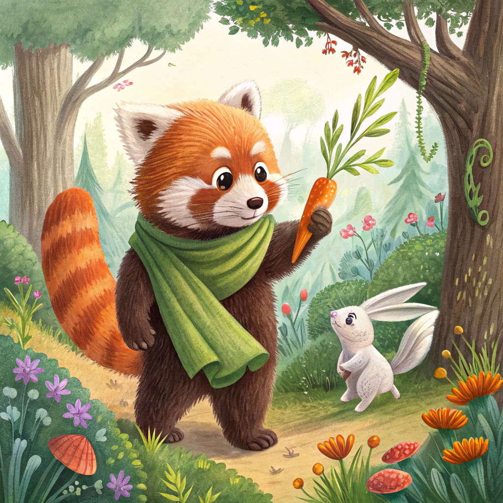 Red Panda Offers Carrot in Whimsical Forest