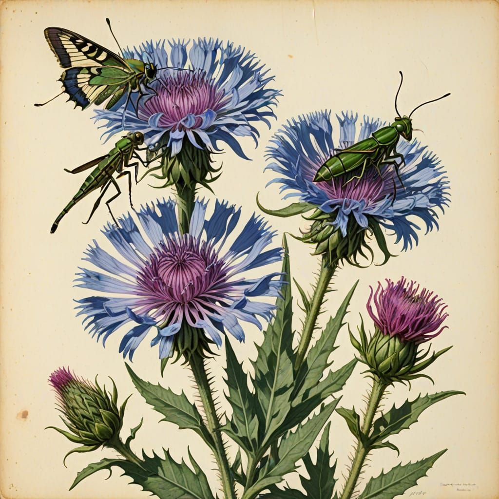 Cornflower with Praying Mantis Botanical Illustration