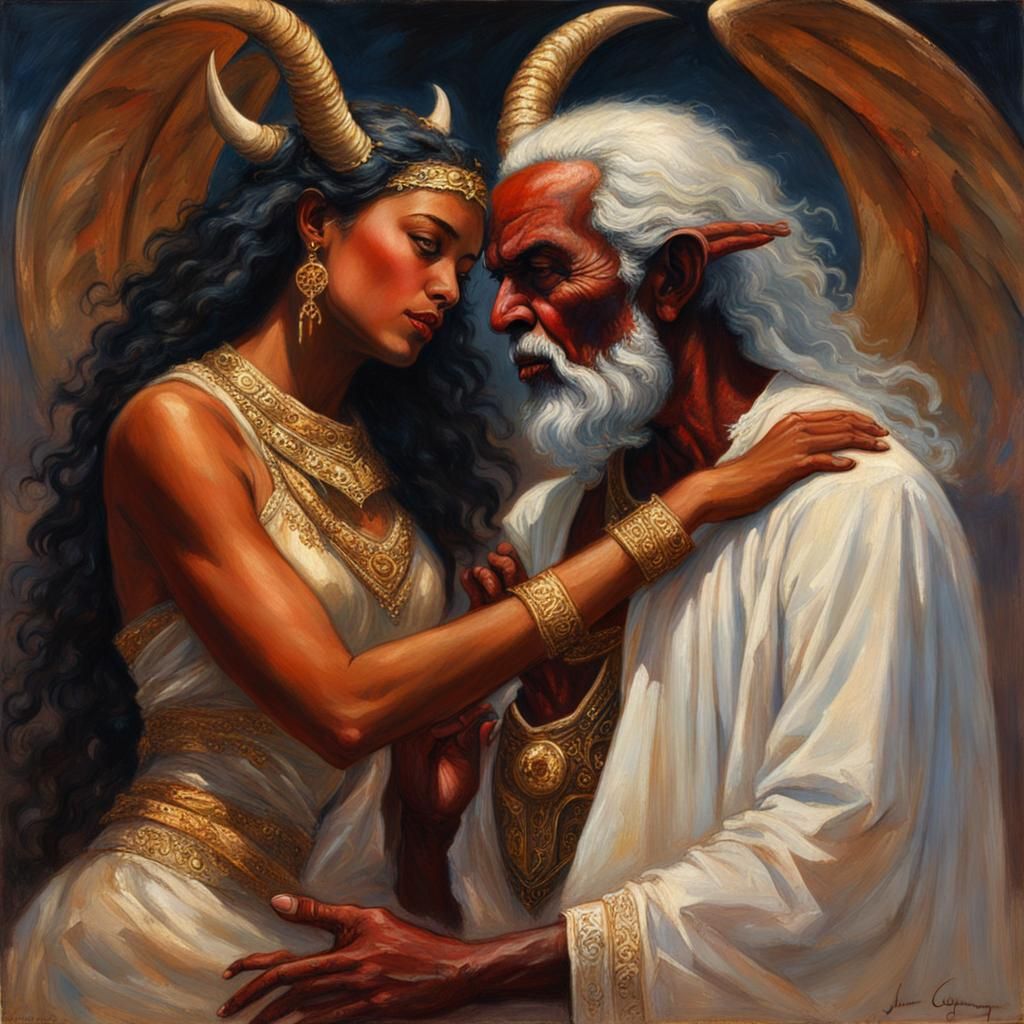 Goddess Shows Love to Satan: An Oil Painting