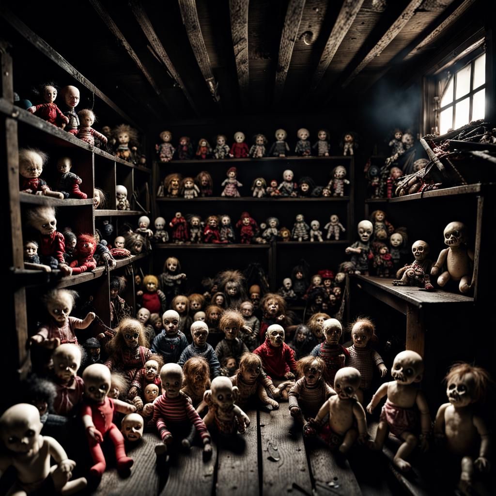 Scary Dolls in Dark Attic Photo