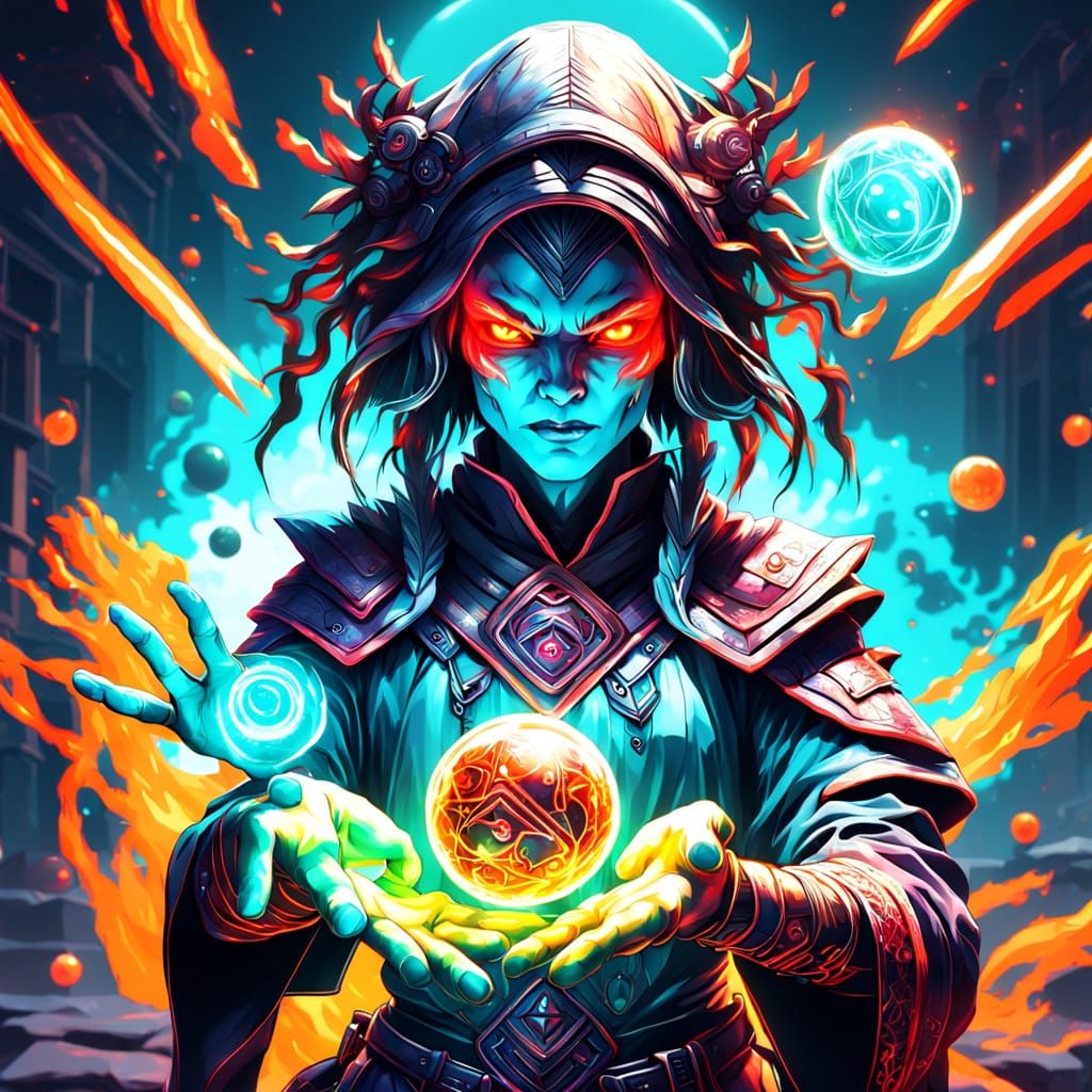 Neon Humanoid Blazar Forming Energy Orbs