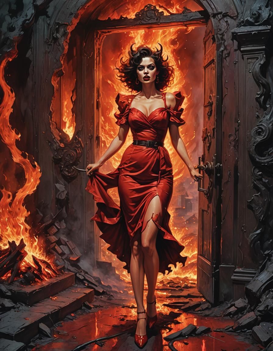 Devil Woman in Hellscape: Digital Art in Oil Painting Style