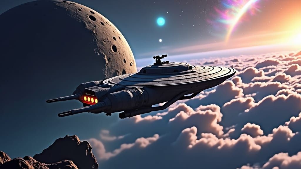 Futuristic Spaceship Mining Asteroid in Deep Space