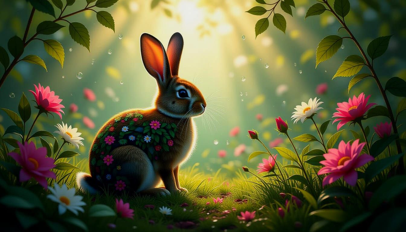 Surrealist Rabbit Garden Double Exposure Oil Painting