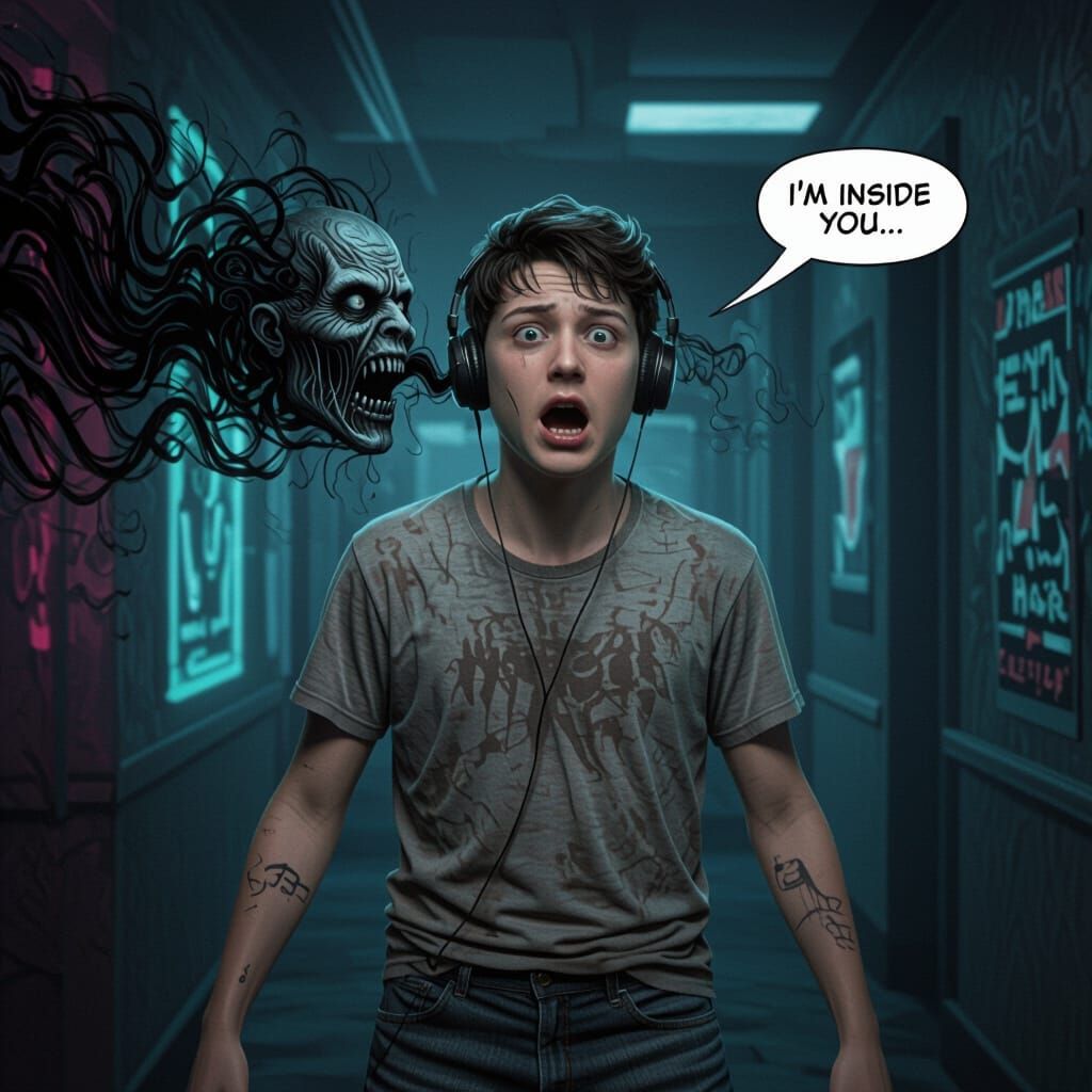 Eerie Horror: Man's Headphones Unleash Grotesque Specter