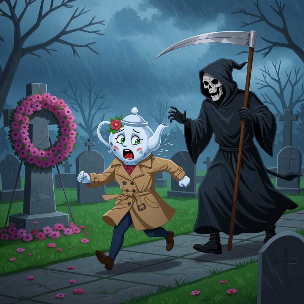 Terrified Teapot Flees Grim Reaper in Stormy Cemetery