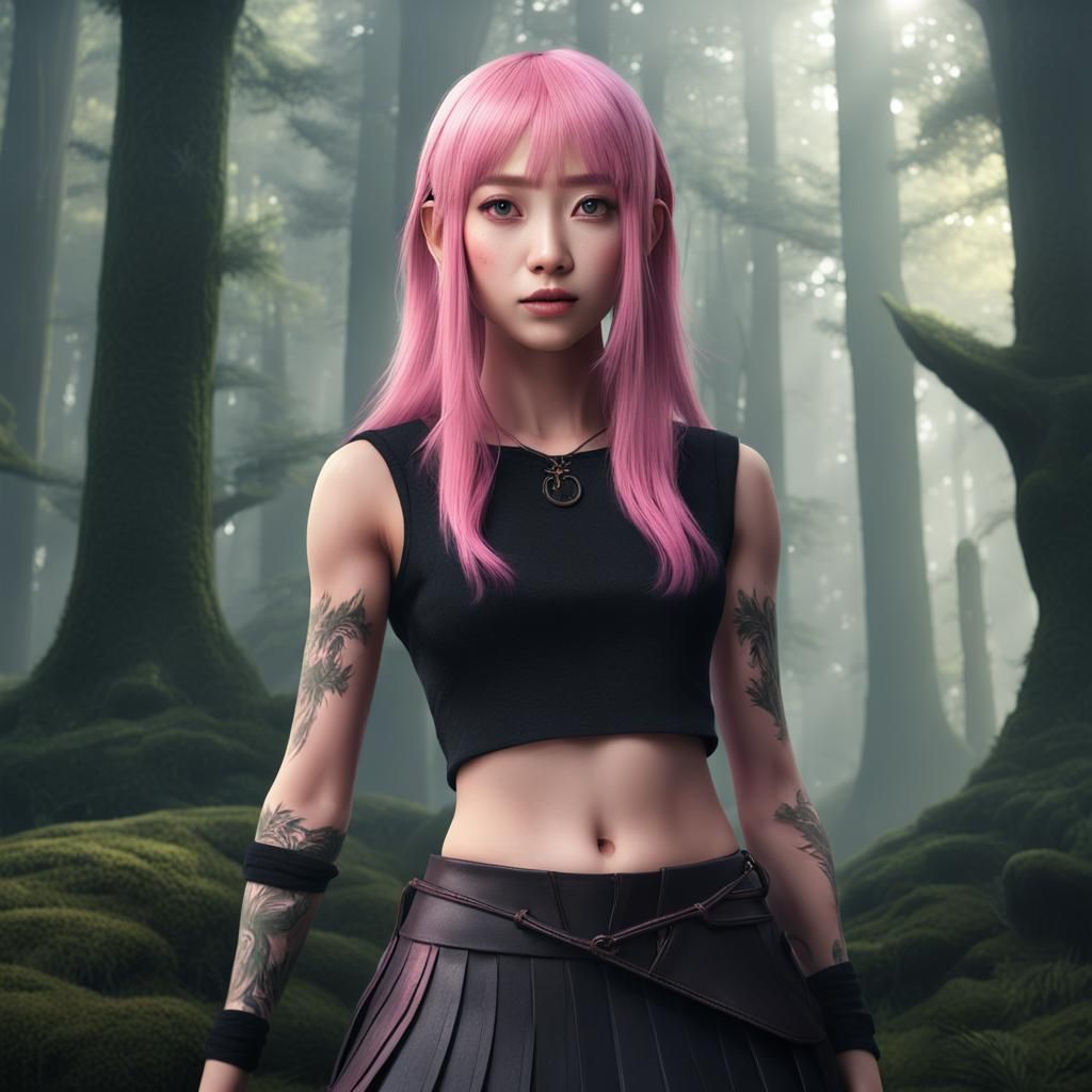 Pink-Haired Woman Posing in Majestic Forest